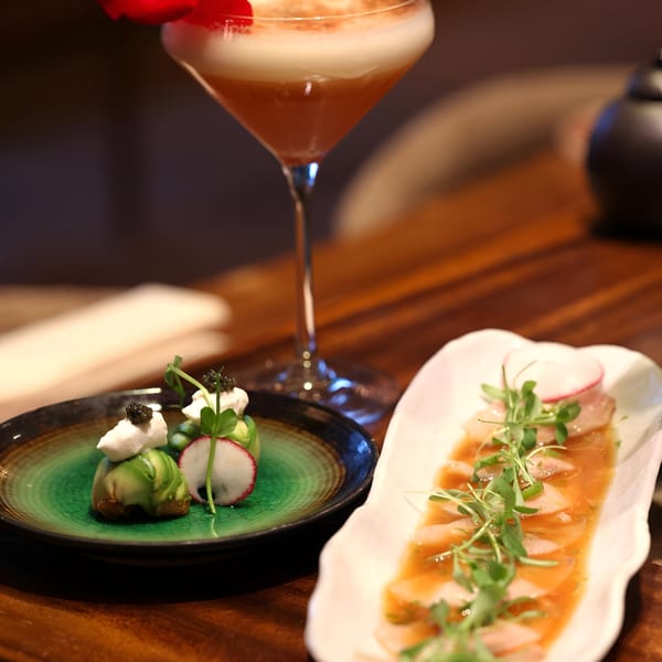 MF Sushi's sushi dishes: a green plate with avocado rolls and caviar, and a white plate with sashimi.